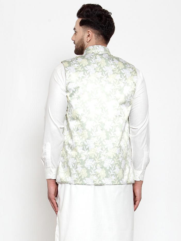 Jompers Men Lime-Green Printed Satin Nehru Jacket - Distacart