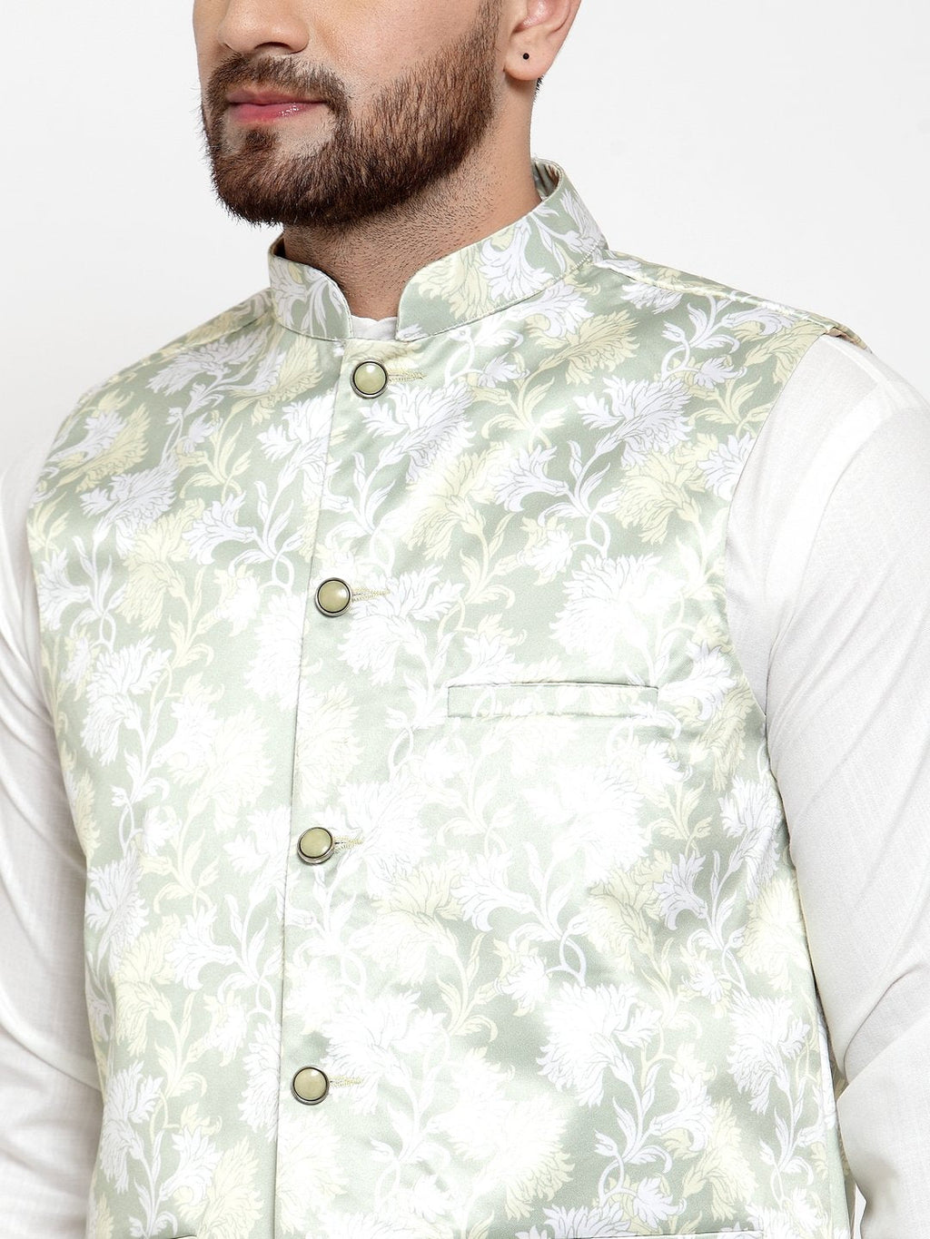 Jompers Men Lime-Green Printed Satin Nehru Jacket - Distacart
