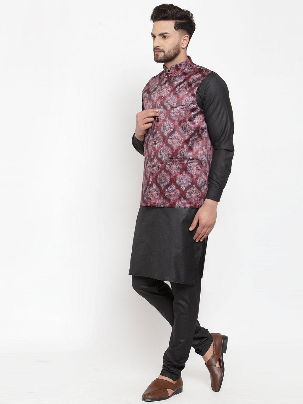Jompers Men Maroon Printed Satin Nehru Jacket - Distacart