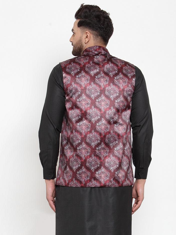 Jompers Men Maroon Printed Satin Nehru Jacket - Distacart