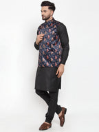 Jompers Men Navy-Blue Printed Satin Nehru Jacket - Distacart