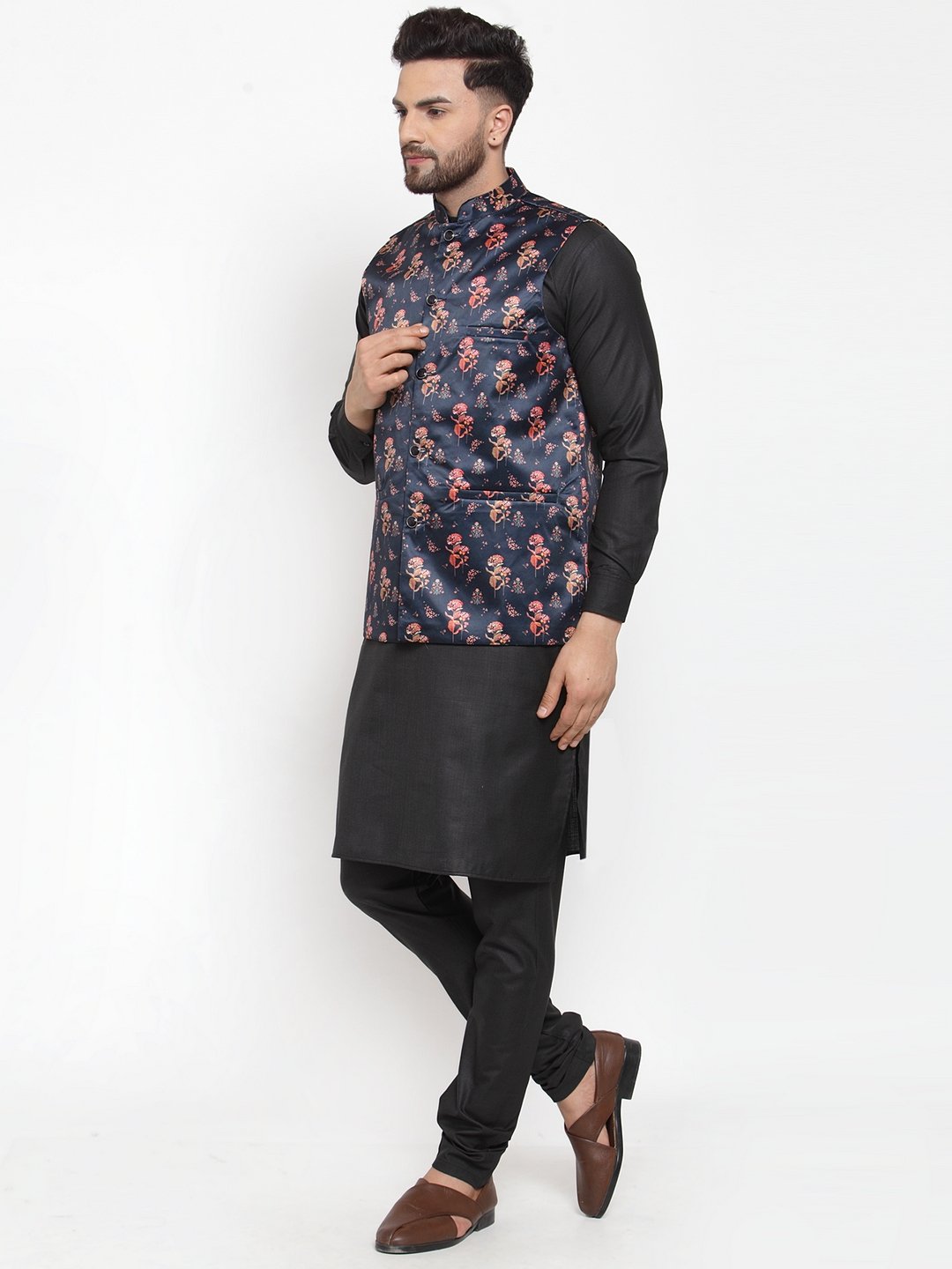 Jompers Men Navy-Blue Printed Satin Nehru Jacket - Distacart