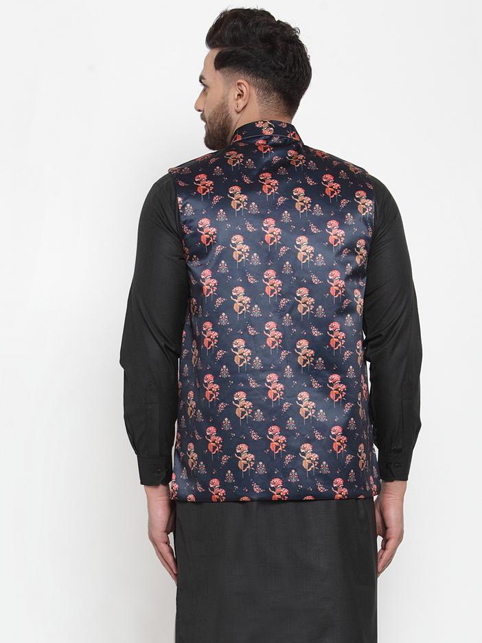 Jompers Men Navy-Blue Printed Satin Nehru Jacket - Distacart