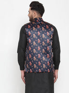 Jompers Men Navy-Blue Printed Satin Nehru Jacket - Distacart