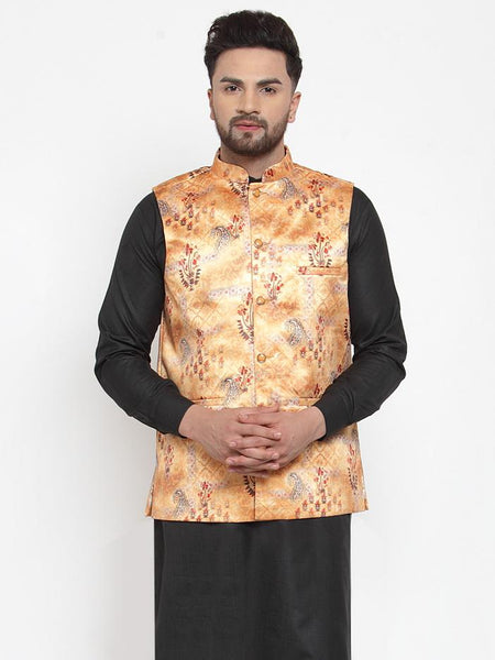 Jompers Men Orange Printed Satin Nehru Jacket