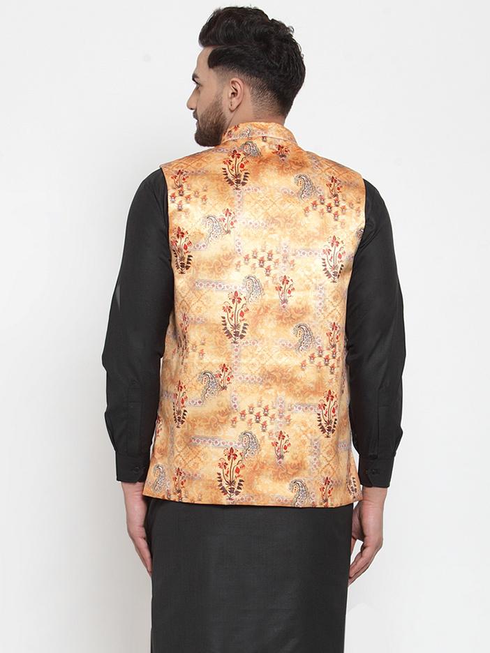 Jompers Men Orange Printed Satin Nehru Jacket - Distacart