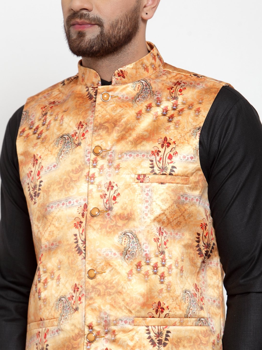 Jompers Men Orange Printed Satin Nehru Jacket - Distacart