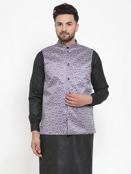 Jompers Men Purple Printed Satin Nehru Jacket
