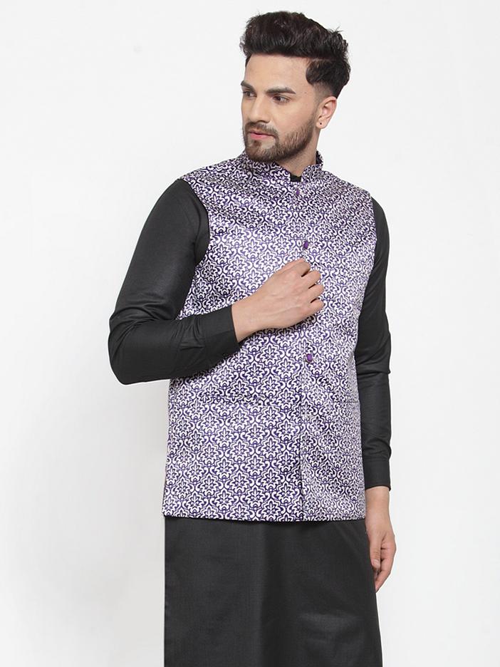 Jompers Men Purple Printed Satin Nehru Jacket - Distacart