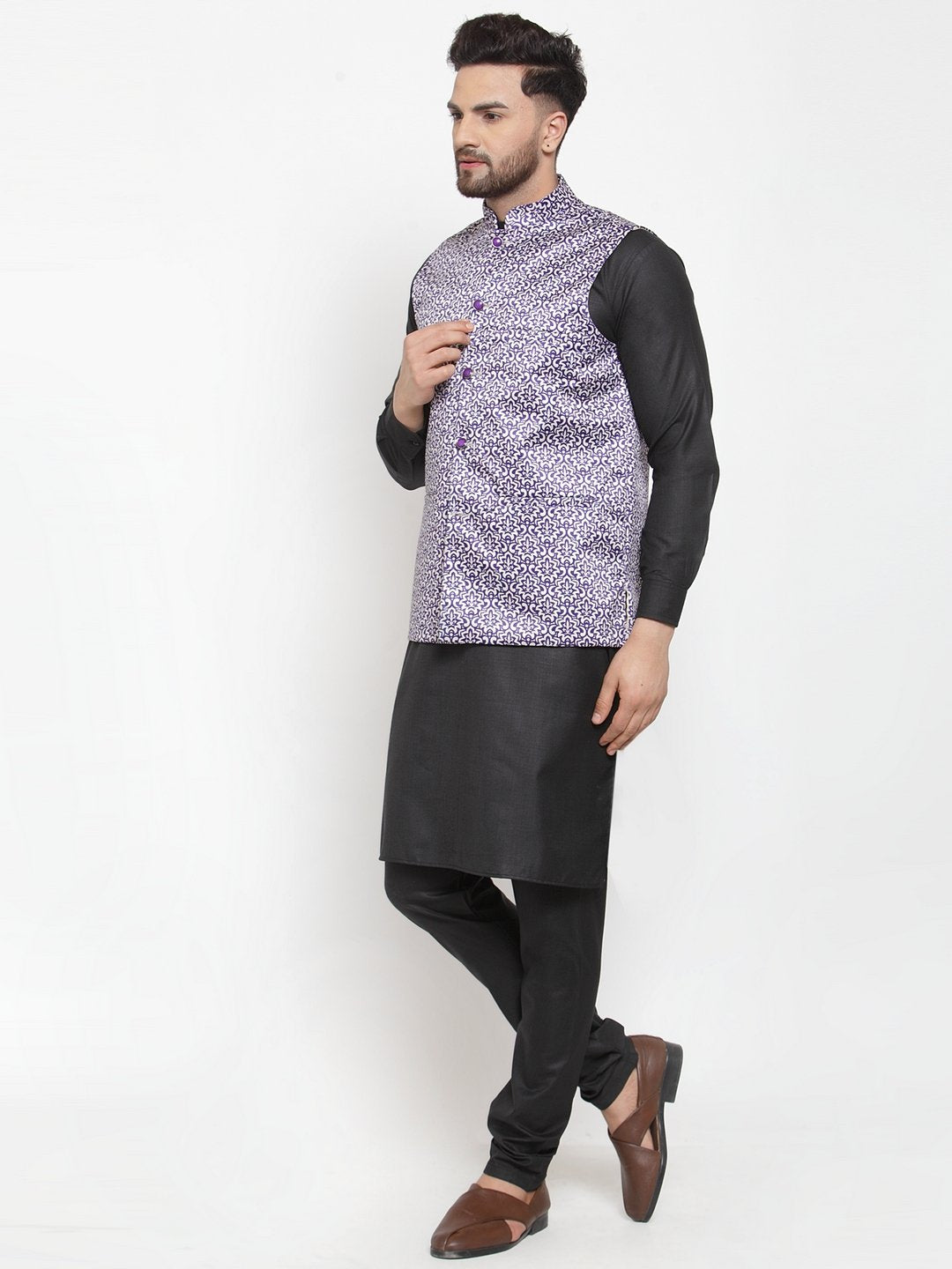 Jompers Men Purple Printed Satin Nehru Jacket - Distacart