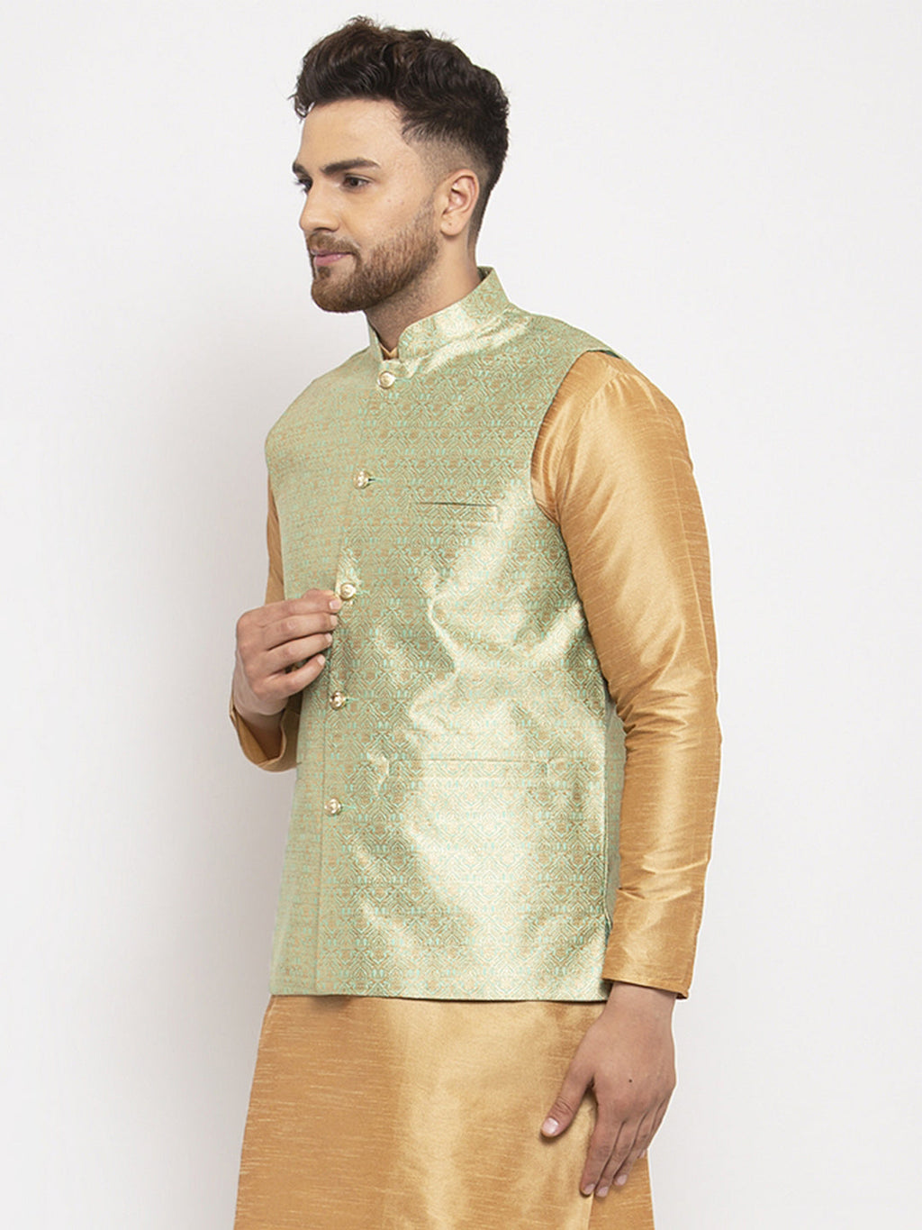 Jompers Men's Green Woven Nehru Jacket