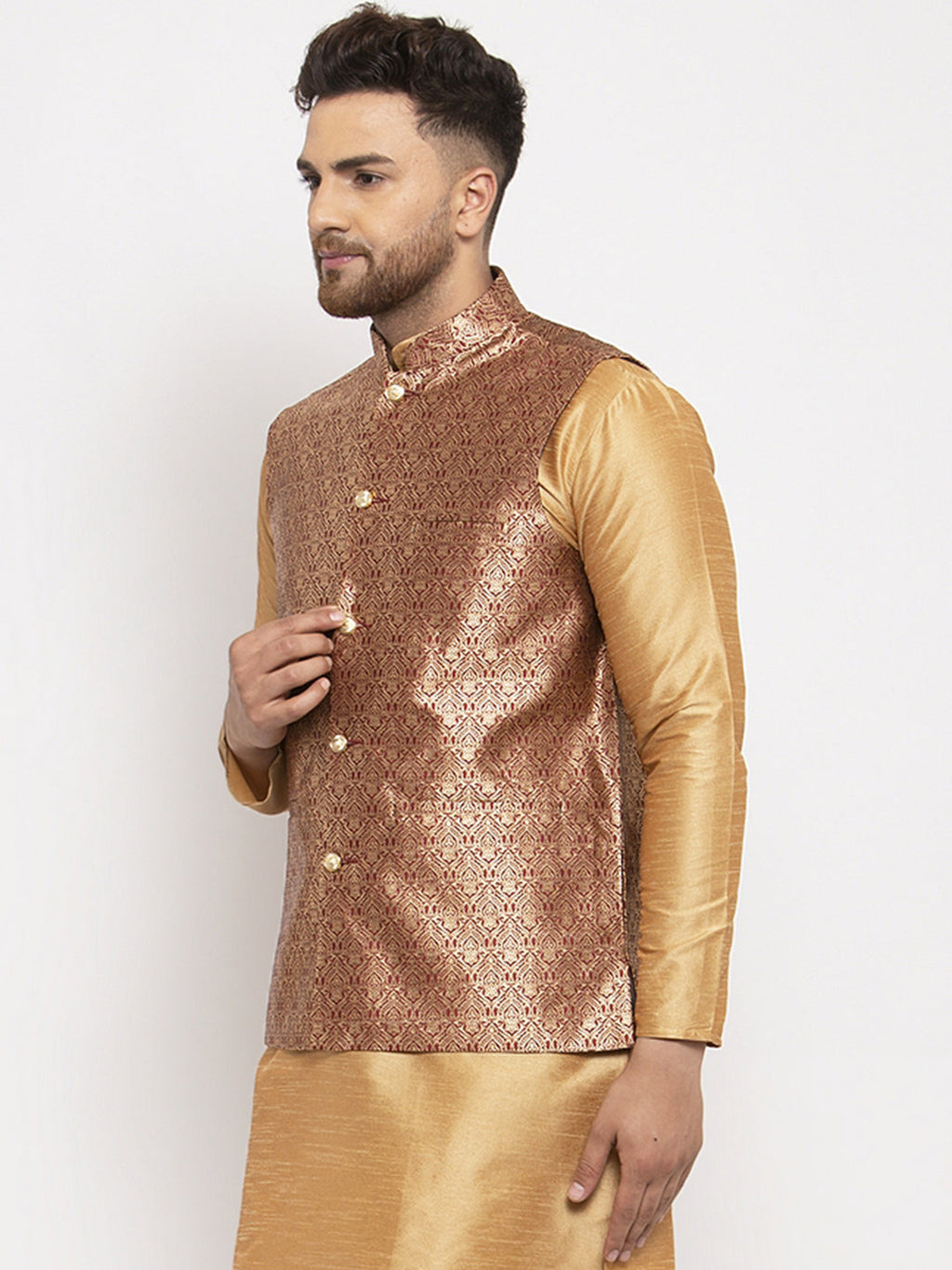 Jompers Men's Maroon Woven Nehru Jacket