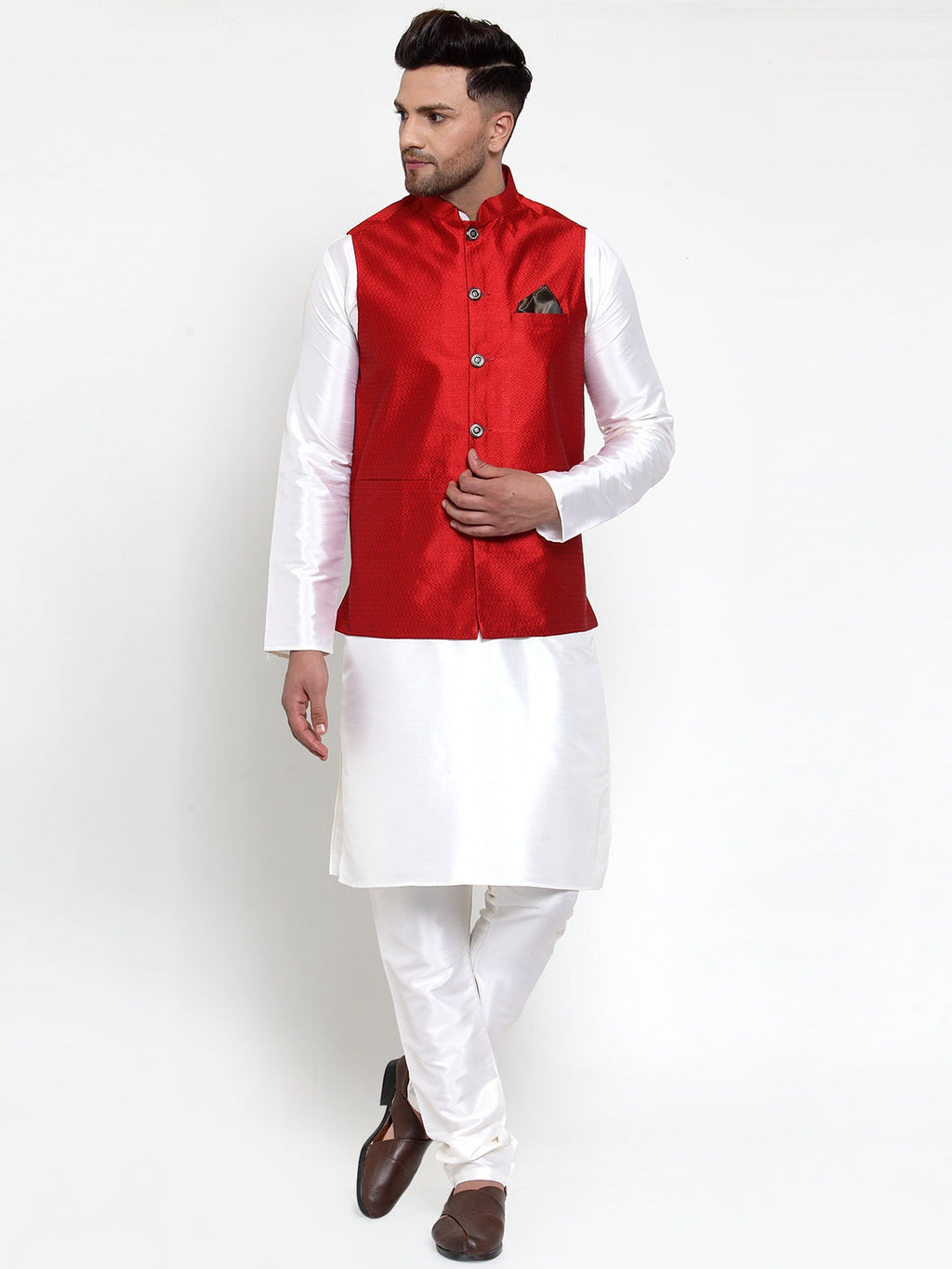 Jompers Men's Maroon Woven Jacquard Nehru Jacket