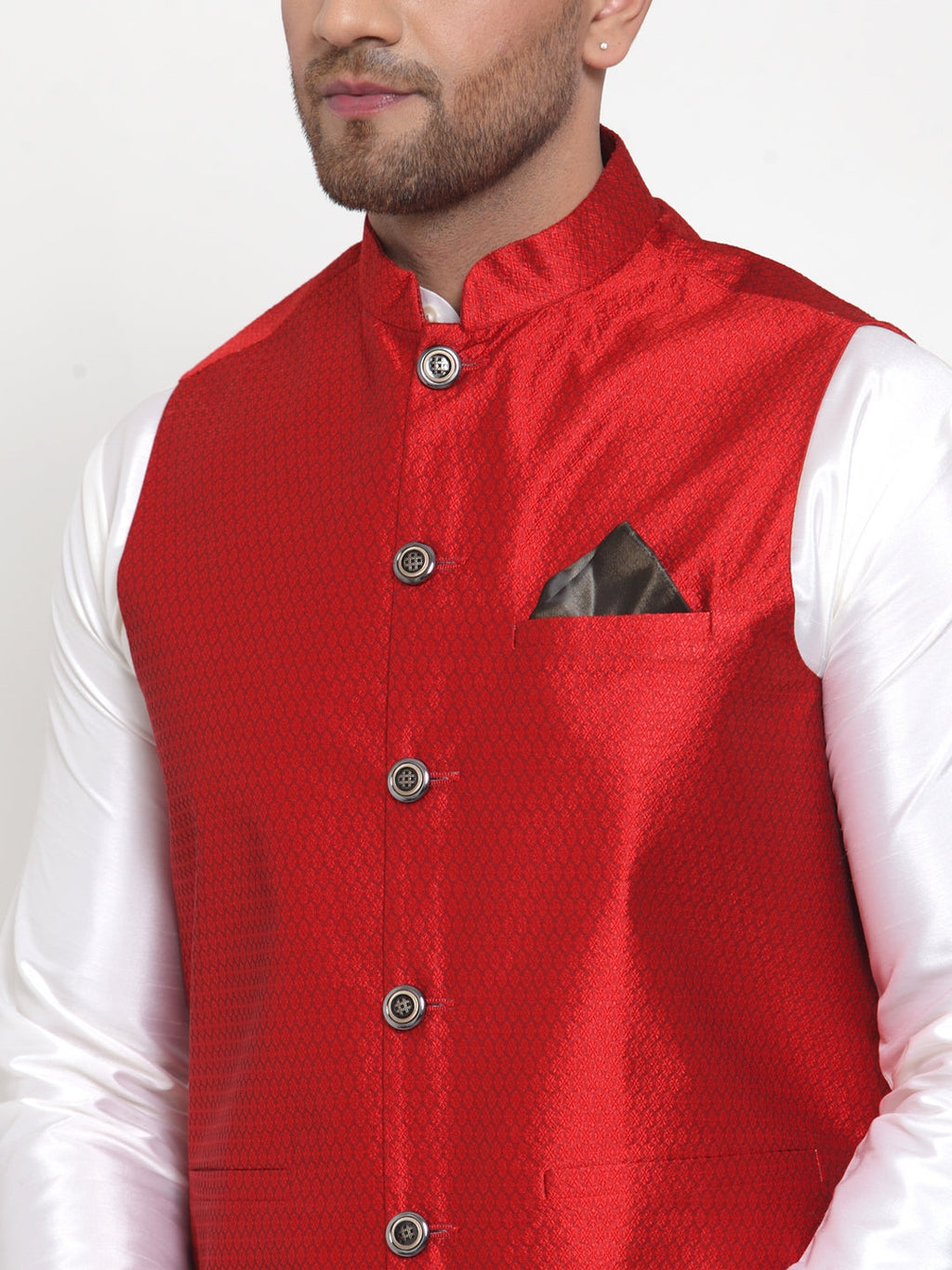 Jompers Men's Maroon Woven Jacquard Nehru Jacket