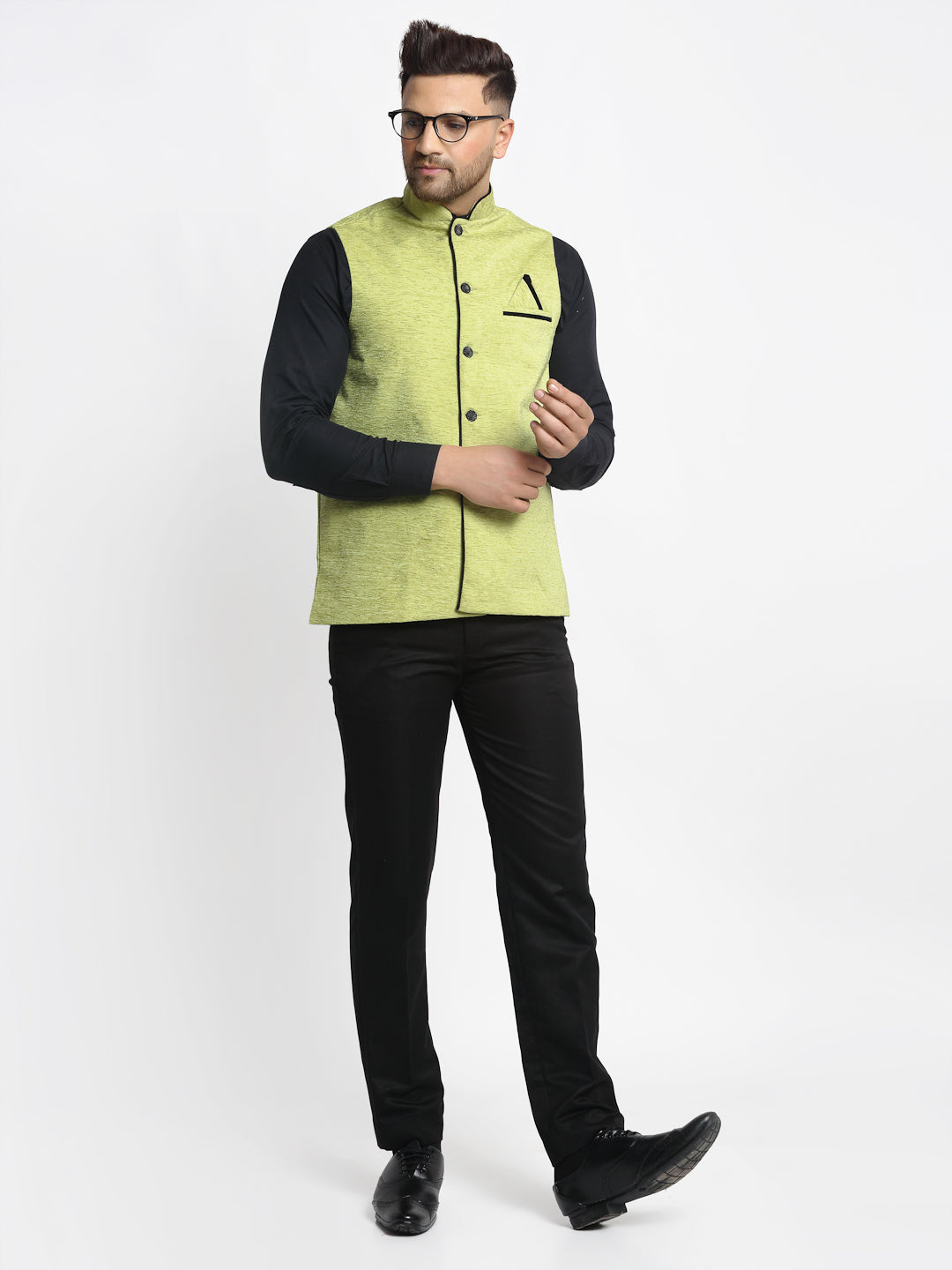 Jompers Men's Green Solid Nehru Jacket with Square Pocket