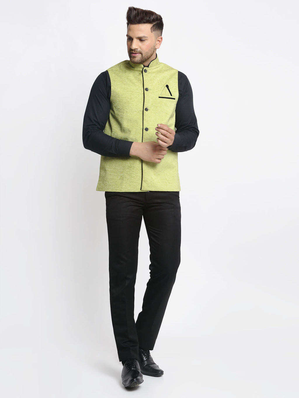Jompers Men's Green Solid Nehru Jacket with Square Pocket