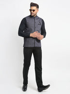 Jompers Men's Grey Solid Nehru Jacket with Square Pocket