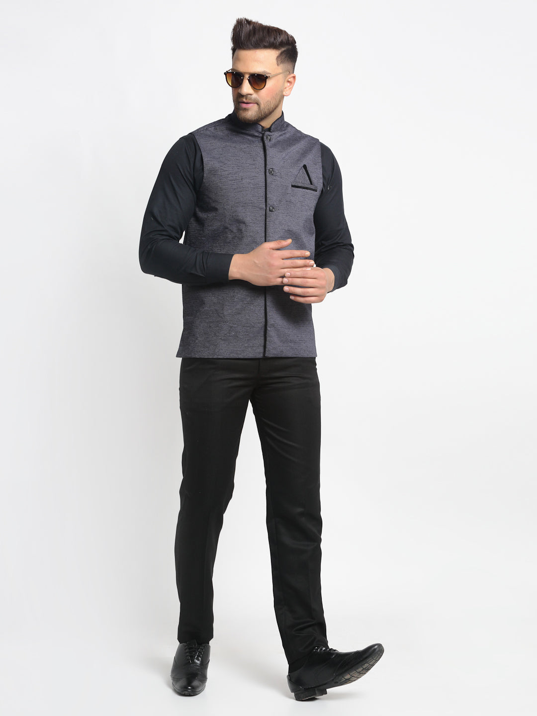 Jompers Men's Grey Solid Nehru Jacket with Square Pocket