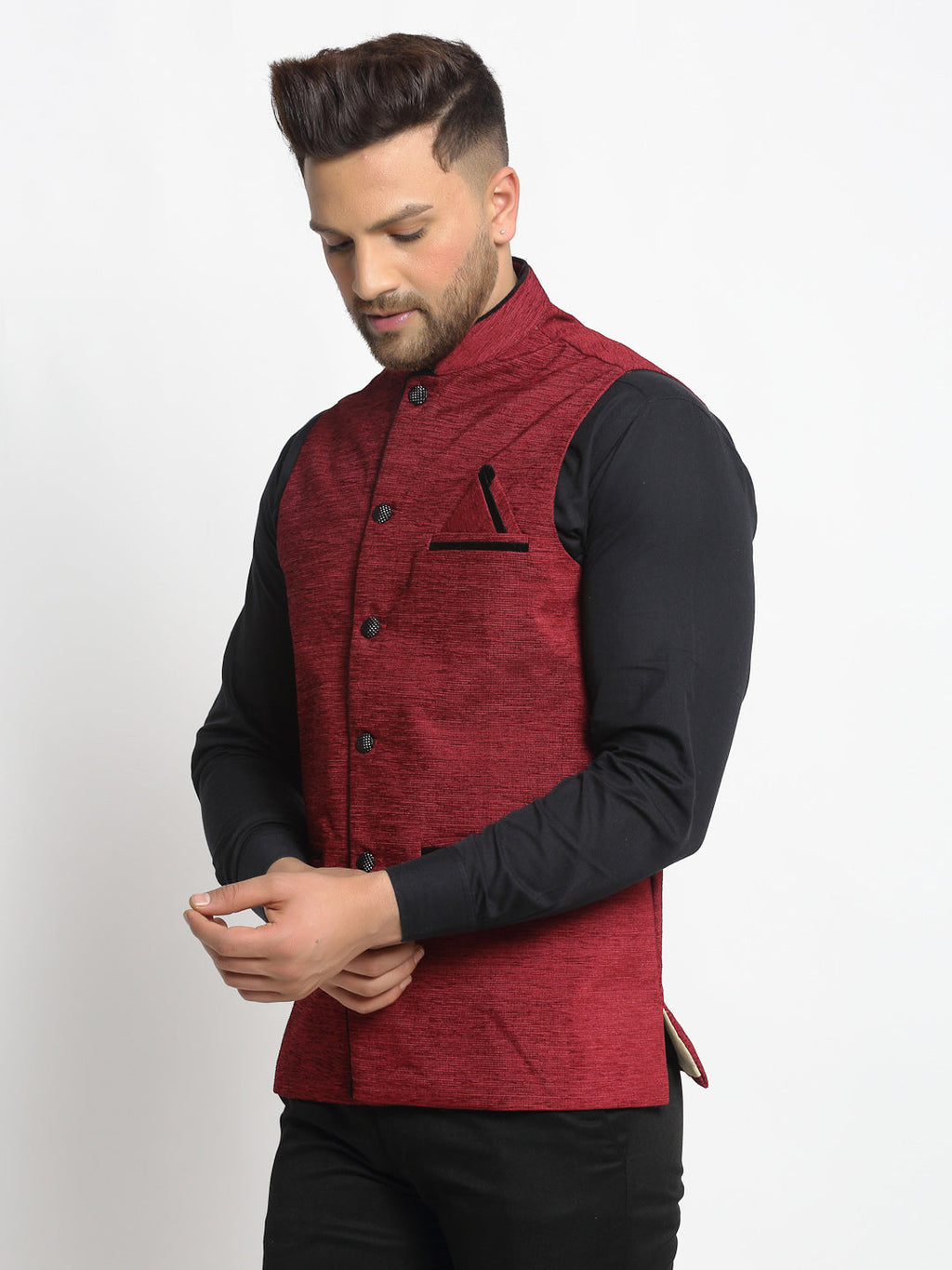 Jompers Men's Maroon Solid Nehru Jacket with Square Pocket