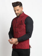 Jompers Men's Maroon Solid Nehru Jacket with Square Pocket