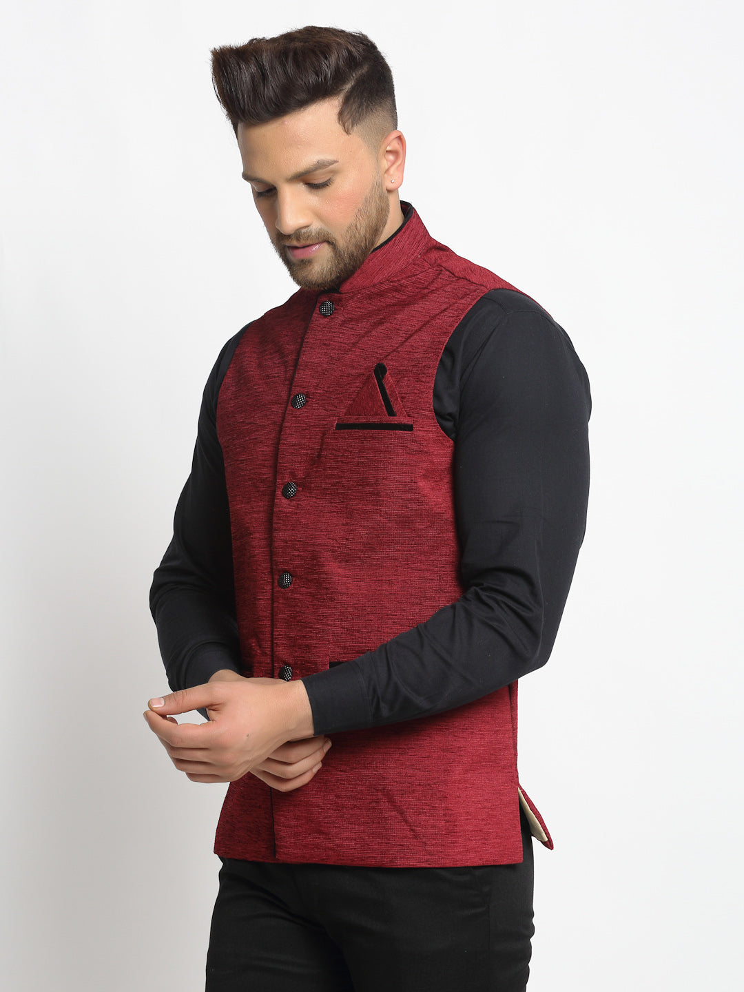 Jompers Men's Maroon Solid Nehru Jacket with Square Pocket