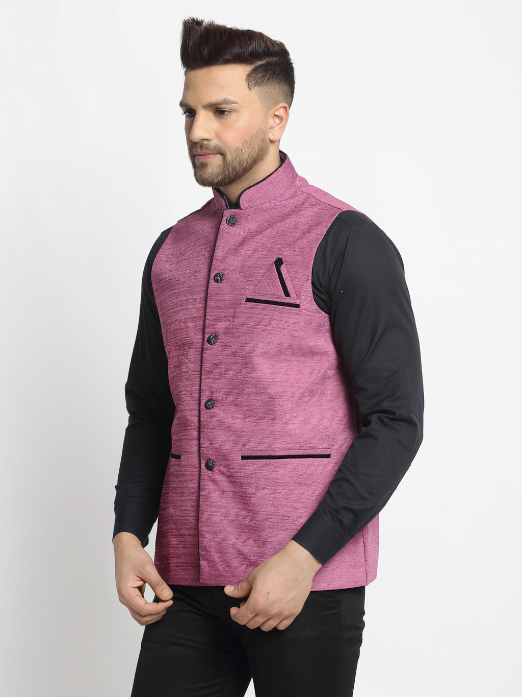 Jompers Men's Purple Solid Nehru Jacket with Square Pocket