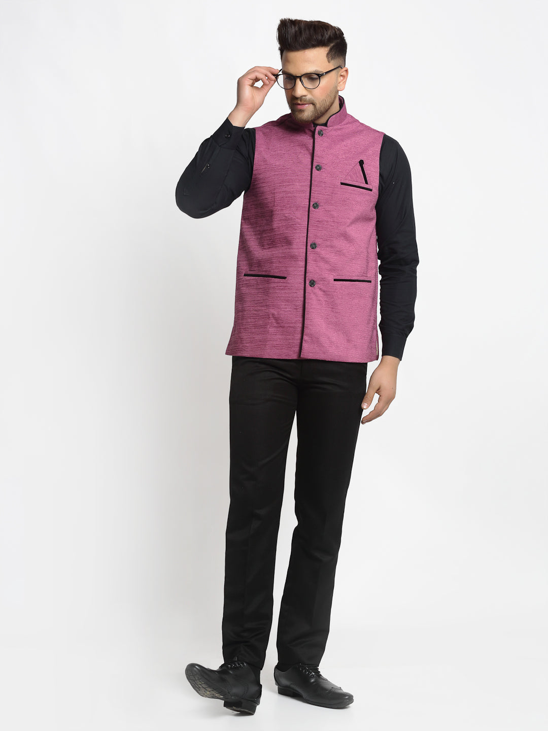 Jompers Men's Purple Solid Nehru Jacket with Square Pocket
