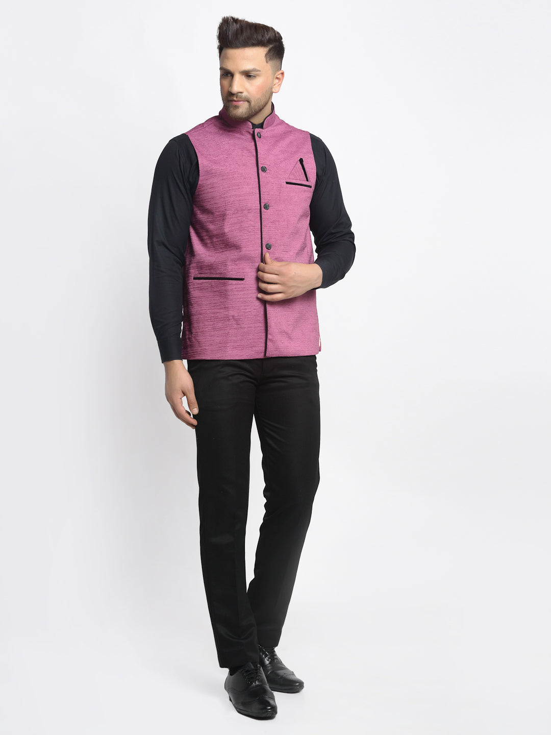 Jompers Men's Purple Solid Nehru Jacket with Square Pocket