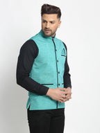 Jompers Men's Blue Solid Nehru Jacket with Square Pocket
