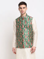 Jompers Men's Green Digital Printed Green Waistcoat