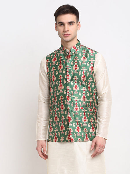 Jompers Men's Green Digital Printed Green Waistcoat