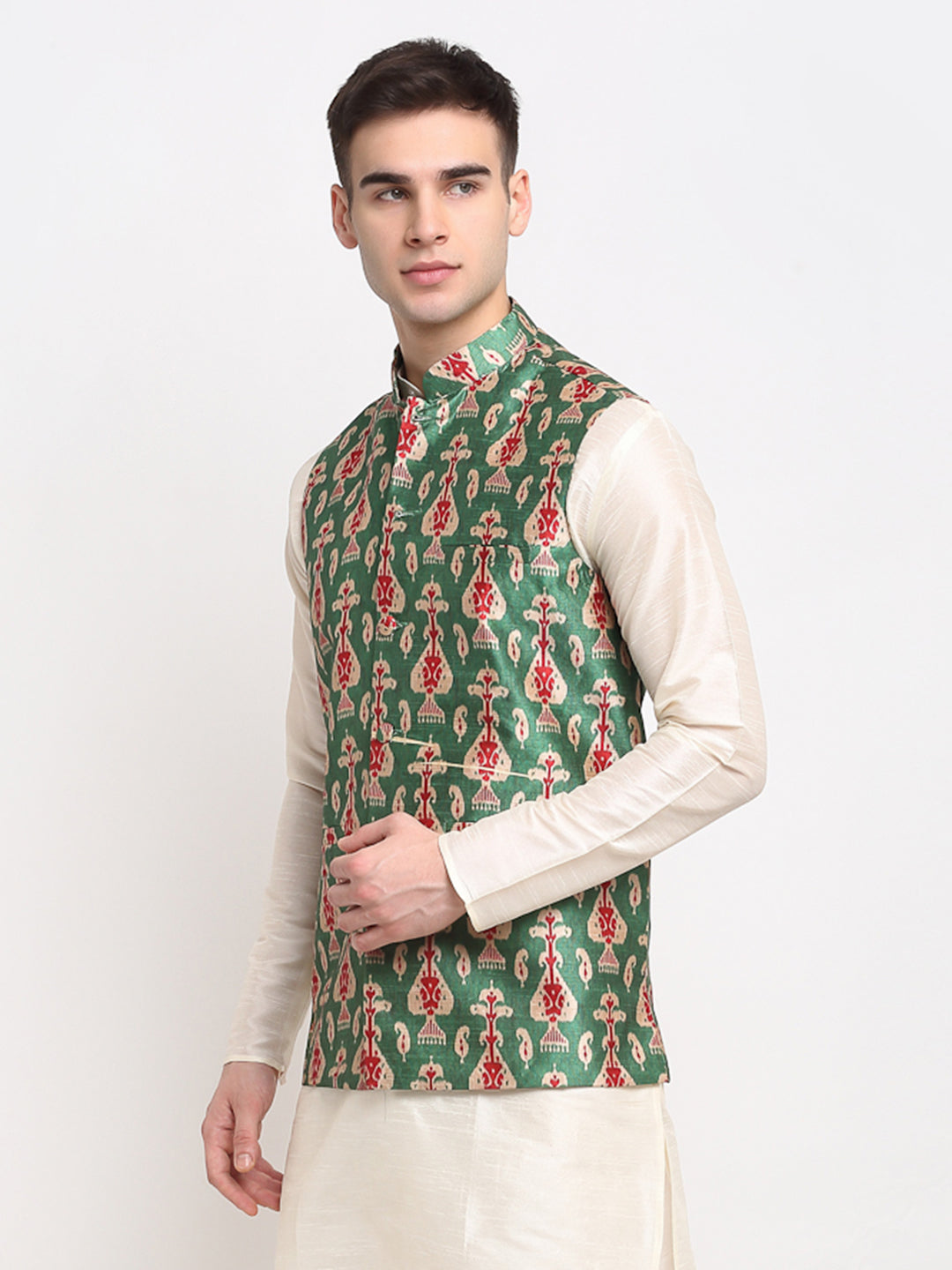 Jompers Men's Green Digital Printed Green Waistcoat