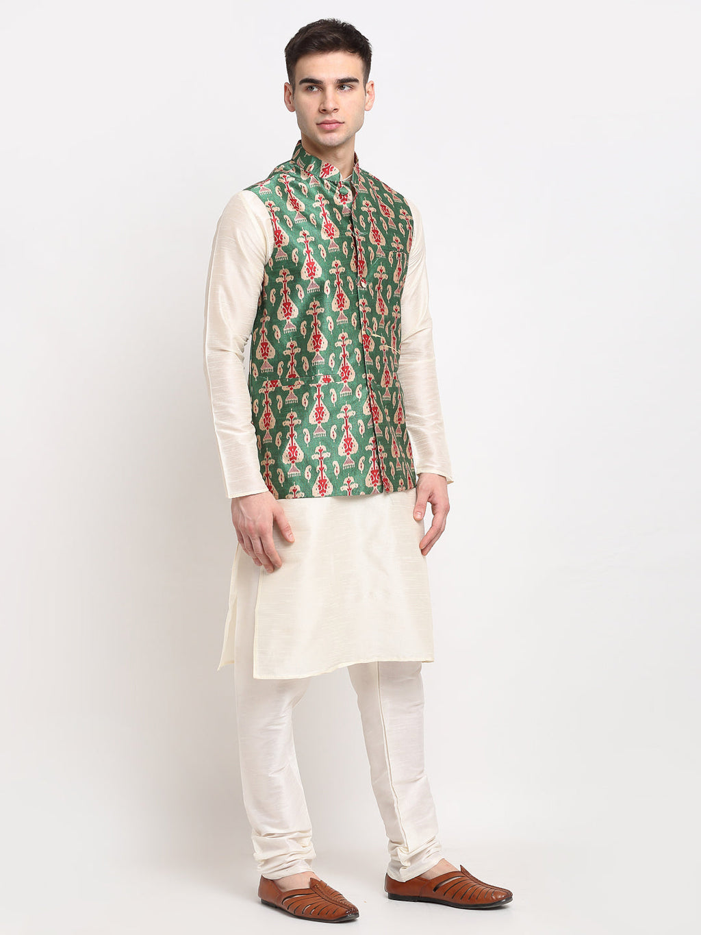Jompers Men's Green Digital Printed Green Waistcoat