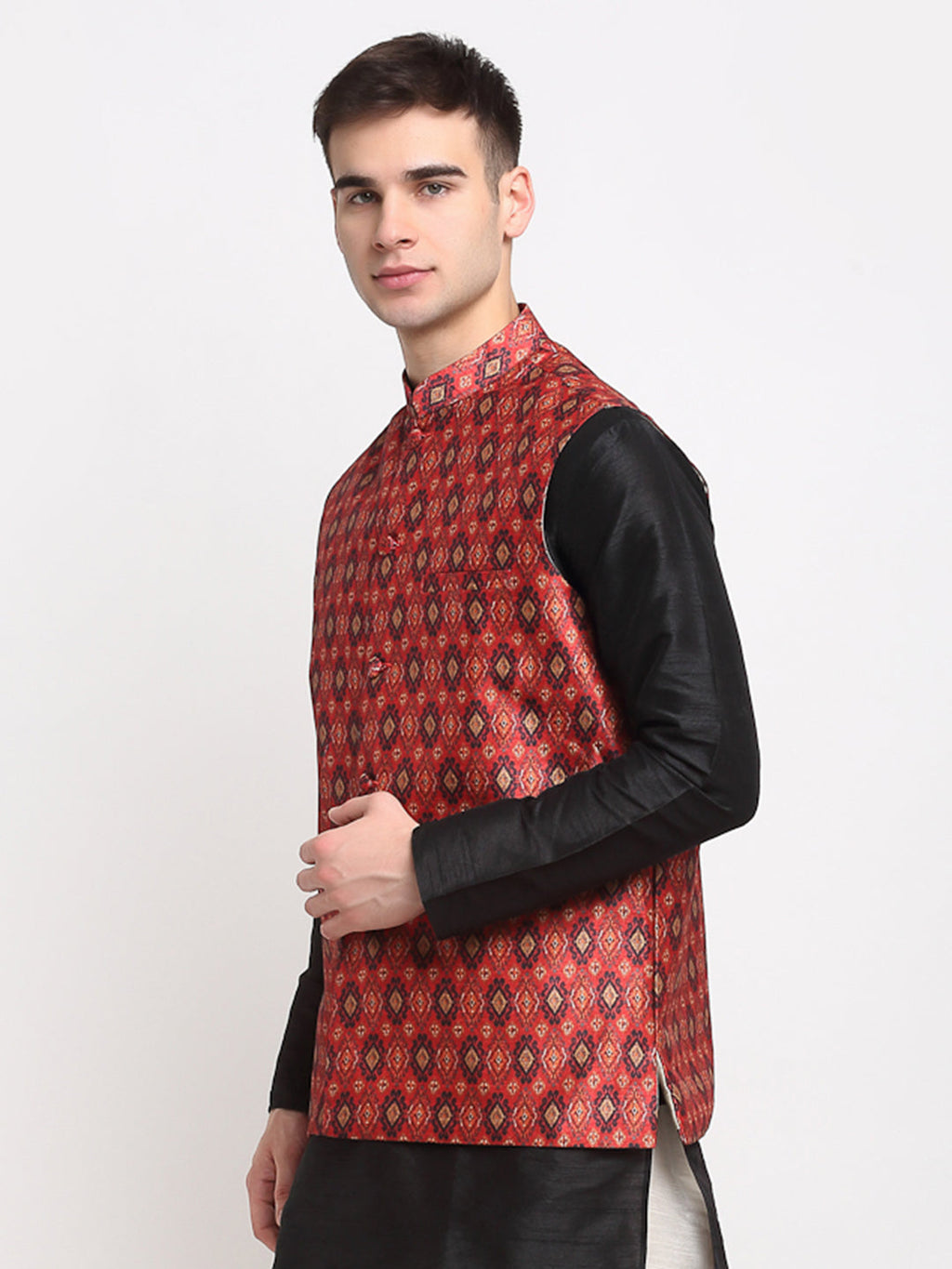 Jompers Men's Red Digital Printed Red Waistcoat