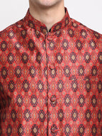 Jompers Men's Red Digital Printed Red Waistcoat