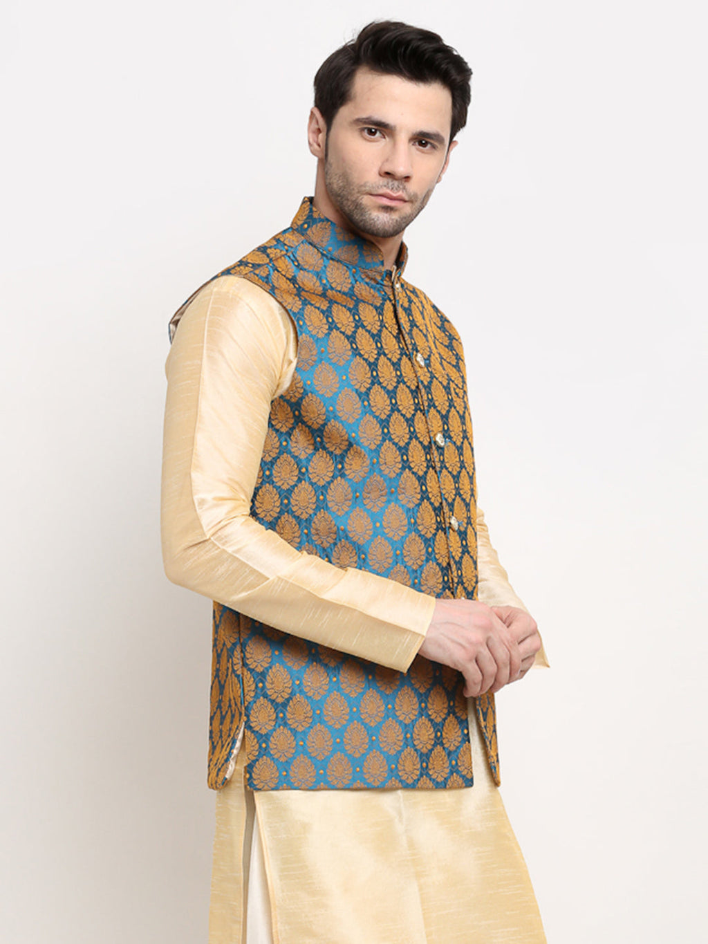 Jompers Men's Blue Self-Designed Blue Waistcoat