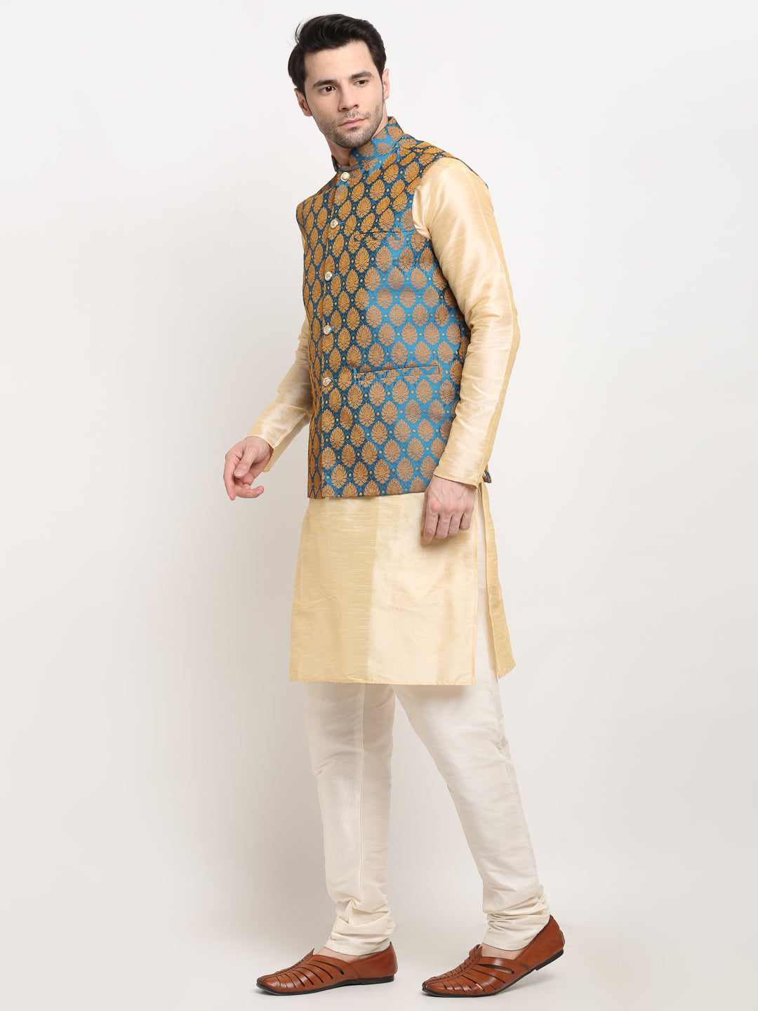 Jompers Men's Blue Self-Designed Blue Waistcoat