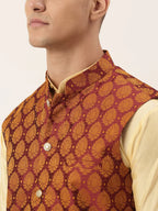Jompers Men's Maroon Self-Designed Waistcoat