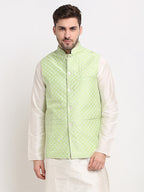 Jompers Men's Green Green and White Embroidered Nehru Jacket