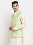 Jompers Men's Green Green and White Embroidered Nehru Jacket