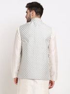 Jompers Men's Grey Grey and White Embroidered Nehru Jacket