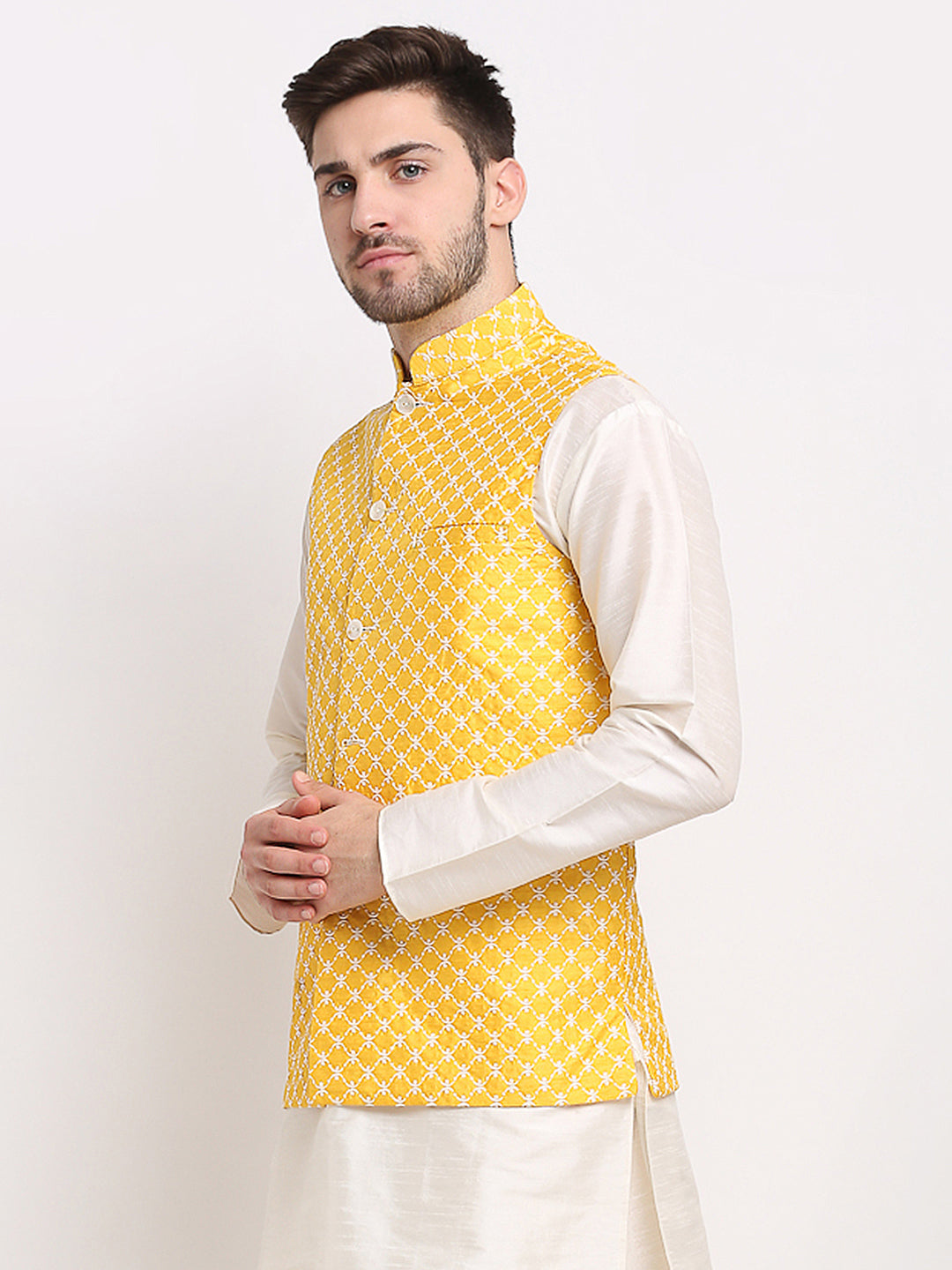 Jompers Men's Mustard Mustard and White Embroidered Nehru Jacket