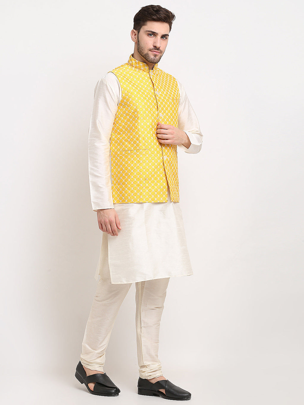 Jompers Men's Mustard Mustard and White Embroidered Nehru Jacket