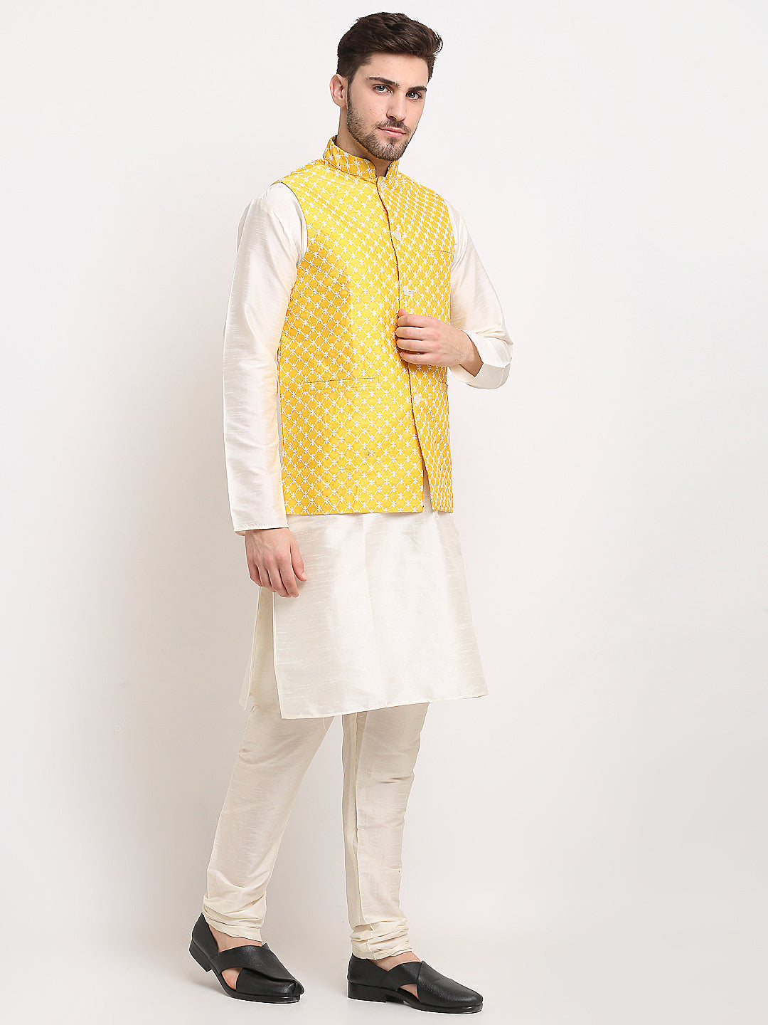 Jompers Men's Mustard Mustard and White Embroidered Nehru Jacket