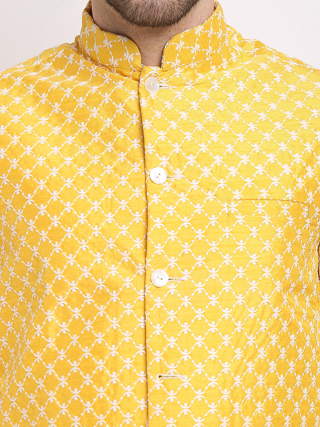 Jompers Men's Mustard Mustard and White Embroidered Nehru Jacket
