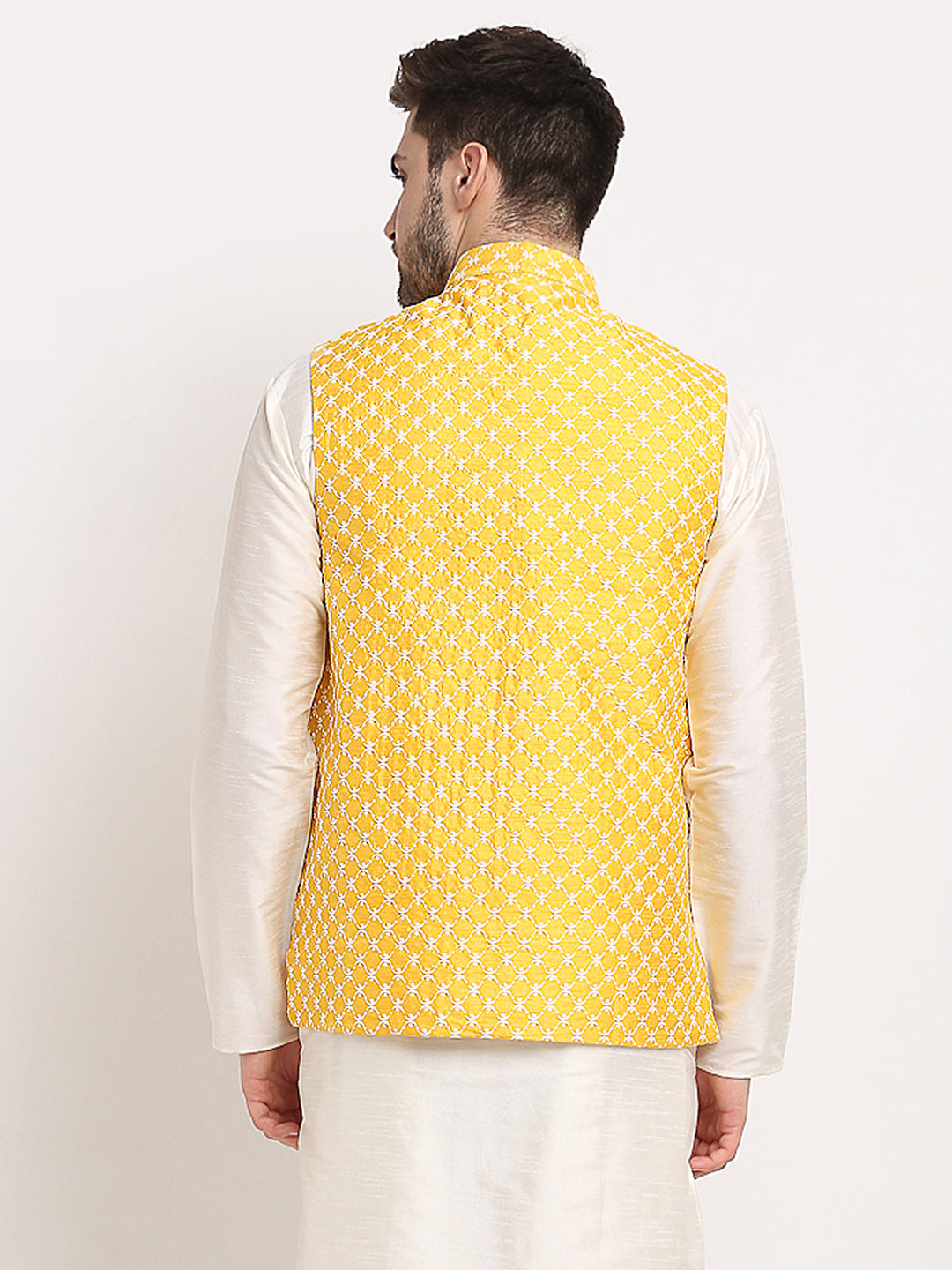 Jompers Men's Mustard Mustard and White Embroidered Nehru Jacket