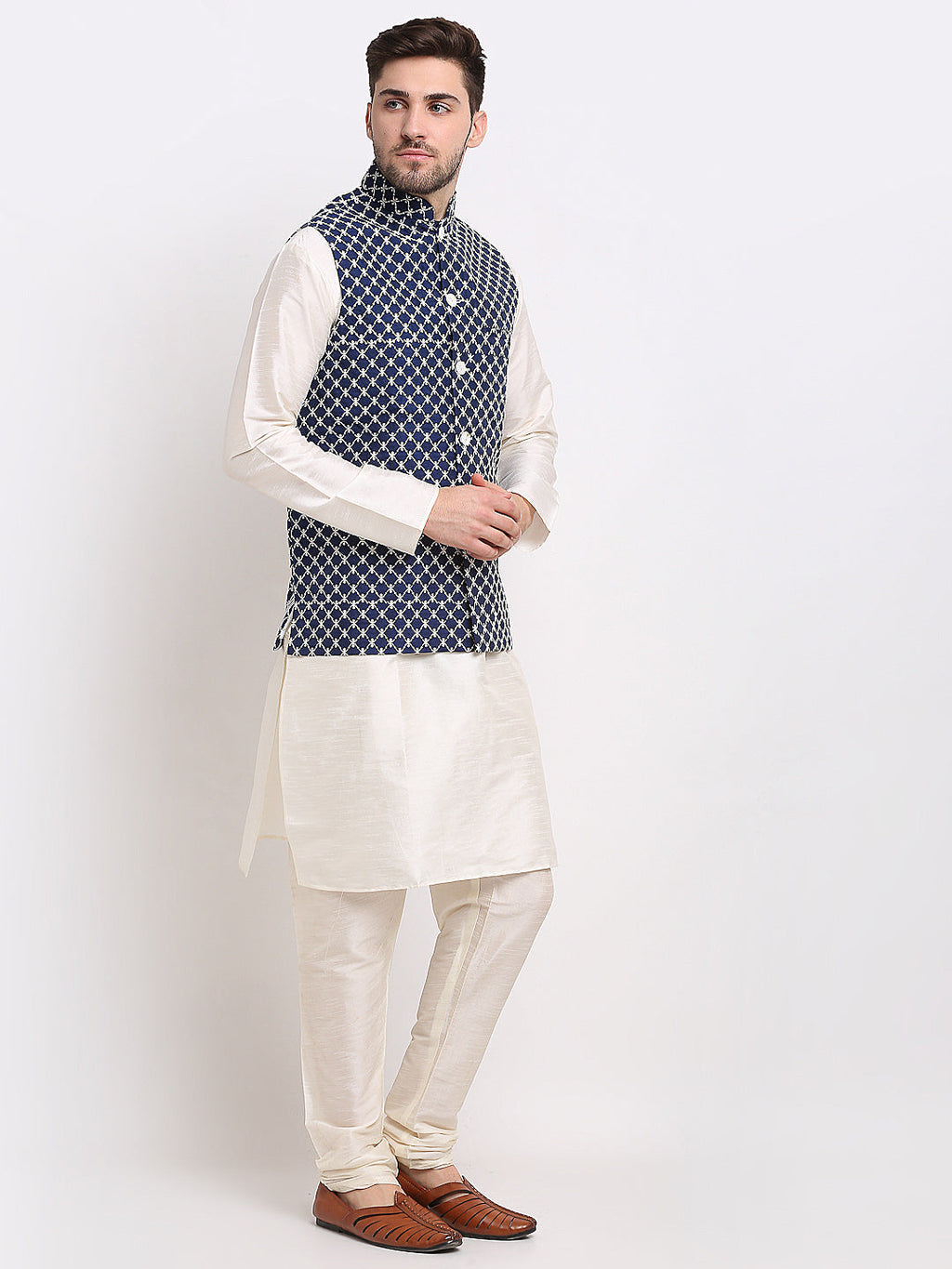 Jompers Men's Navy Blue Navy Blue and White Embroidered Nehru Jacket