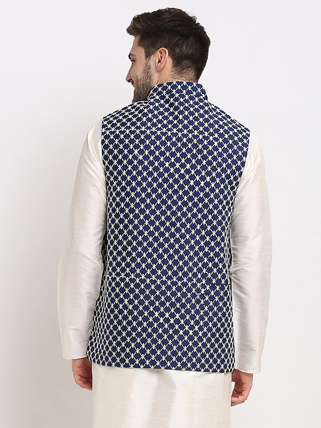 Jompers Men's Navy Blue Navy Blue and White Embroidered Nehru Jacket