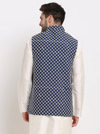 Jompers Men's Navy Blue Navy Blue and White Embroidered Nehru Jacket