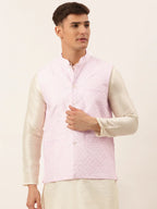 Jompers Men's Pink Pink and White Embroidered Nehru Jacket